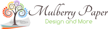A curled-branch tree with rainbow leaves on top of craft paper act as a logo for "Mulberry Paper Design and More."
