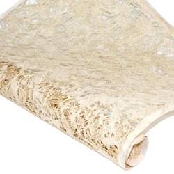 A roll of delicate cream and lace paper on a white background is from Mulberry Paper and is called Amate Bark Paper.