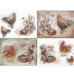 Screenprinted Unryu - Decoupage Paper - HENS AND ROOSTERS