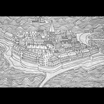 Screenprinted Unryu - Decoupage Paper - European Drawing - CITY ON THE SEA