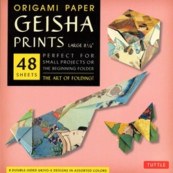 Finally, an origami kit for beginners and experts alike. The large, 8.25 inch sheets make easy folding for beginners as they follow the included instructions. The specialty prints and solid color reverse on these papers will thrill experts with new designs and patterns for their art. The 48 sheets in this kit feature details inspired by classic Japanese Ukiyo-E paintings of the secretive world of Geishas. On the reverse of each sheet is a solid, complimentary color. Finishing up the kit are instructions providing an introduction to basic origami folding techniques and instructions for 6 different projects.