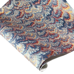 Marbled Indian Cotton Rag Paper - PEACOCK - BLUE/BURGUNDY/GOLD ON CREAM