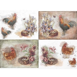Screenprinted Unryu - Decoupage Paper - HENS AND ROOSTERS