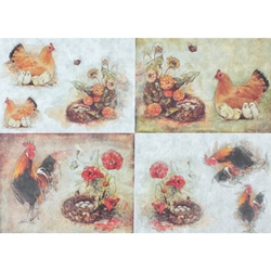 Screenprinted Unryu - Large Decoupage Paper - ROOSTERS AND CHICKENS